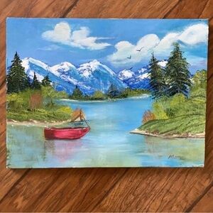 Scenic Mountain Lake pine trees Art vintage painting handmade red canoe 12”x16”